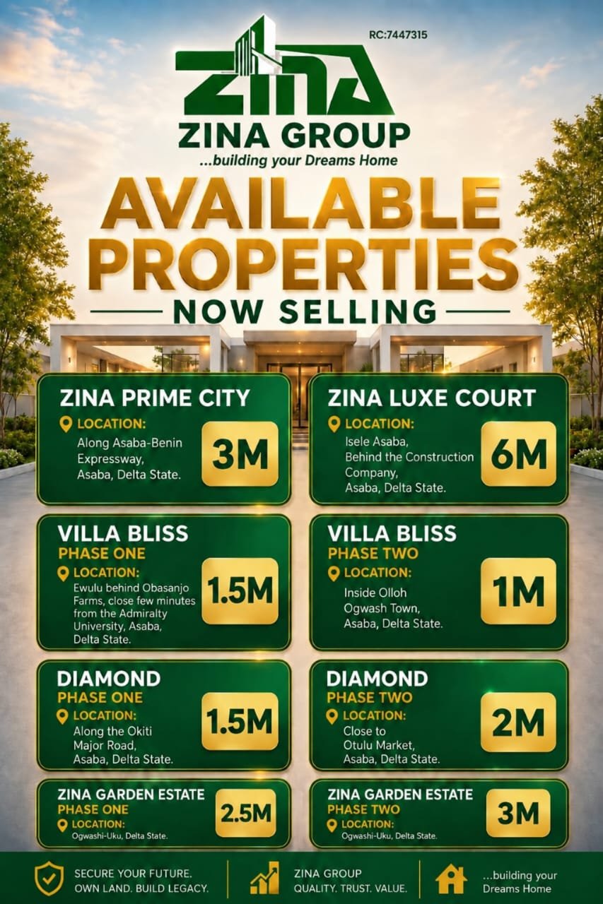 Zina Group available properties price list: Zina Prime City, Zina Luxe Court, Villa Bliss, Diamond and Zina Garden Estate plots for sale in Asaba, Delta State